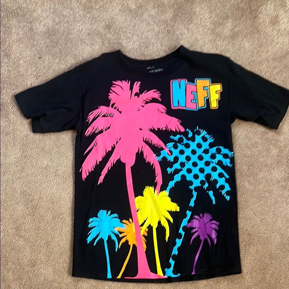 Neff Black Short Sleeve Tee with Colorful Palm Tree Design